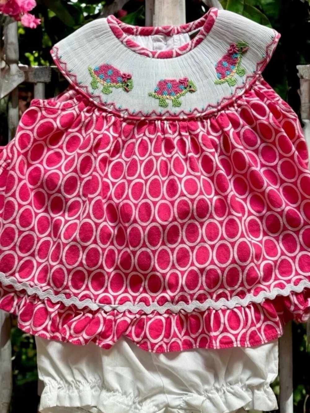 LK NW Banana Split Smocked Pink Green Turtle Dress & Bloomers Sz 6M